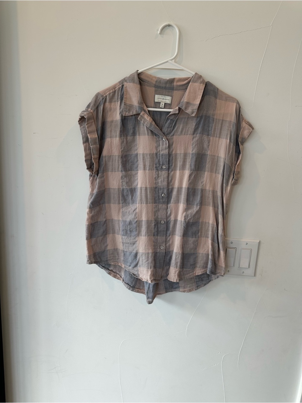 Lucky Brand Pink and Gray Plaid Short-Sleeve Button-Down